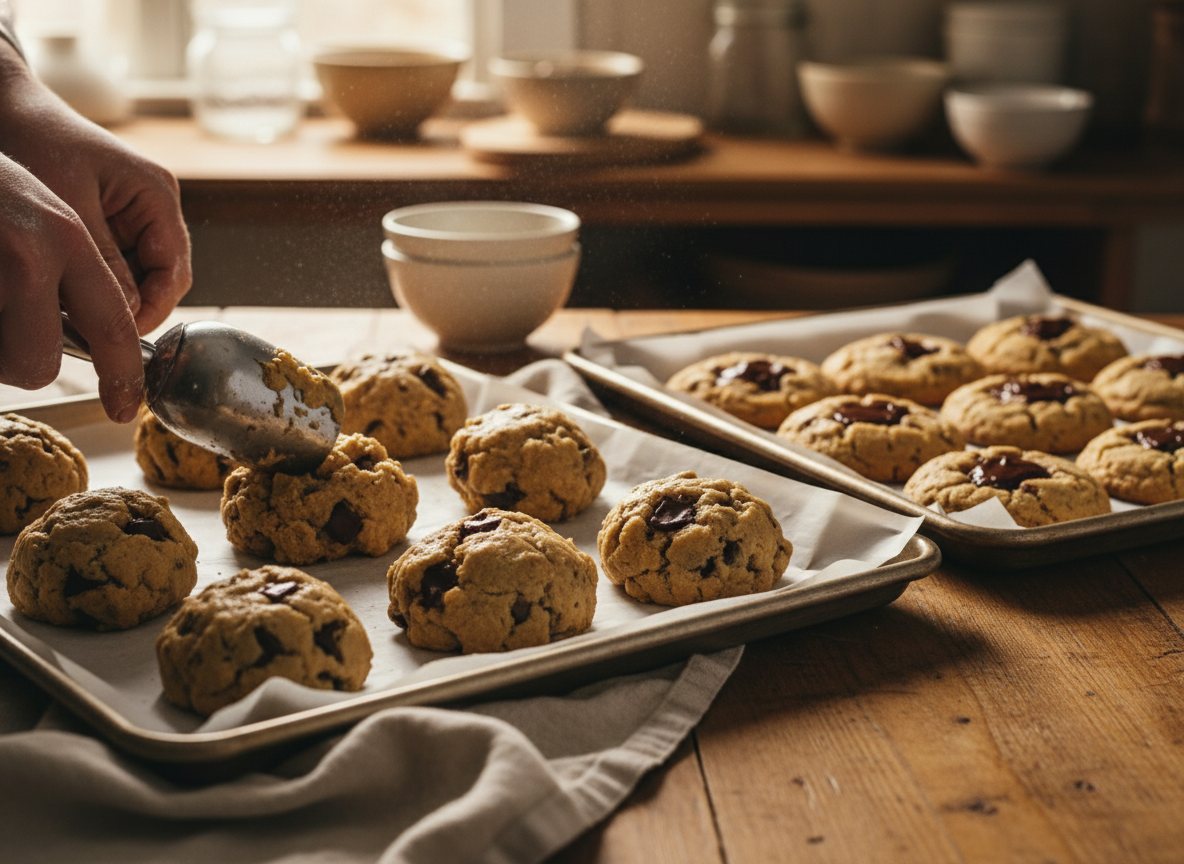 A baker hand-scooping cookie dough onto a tray in a warm bakery kitchen.