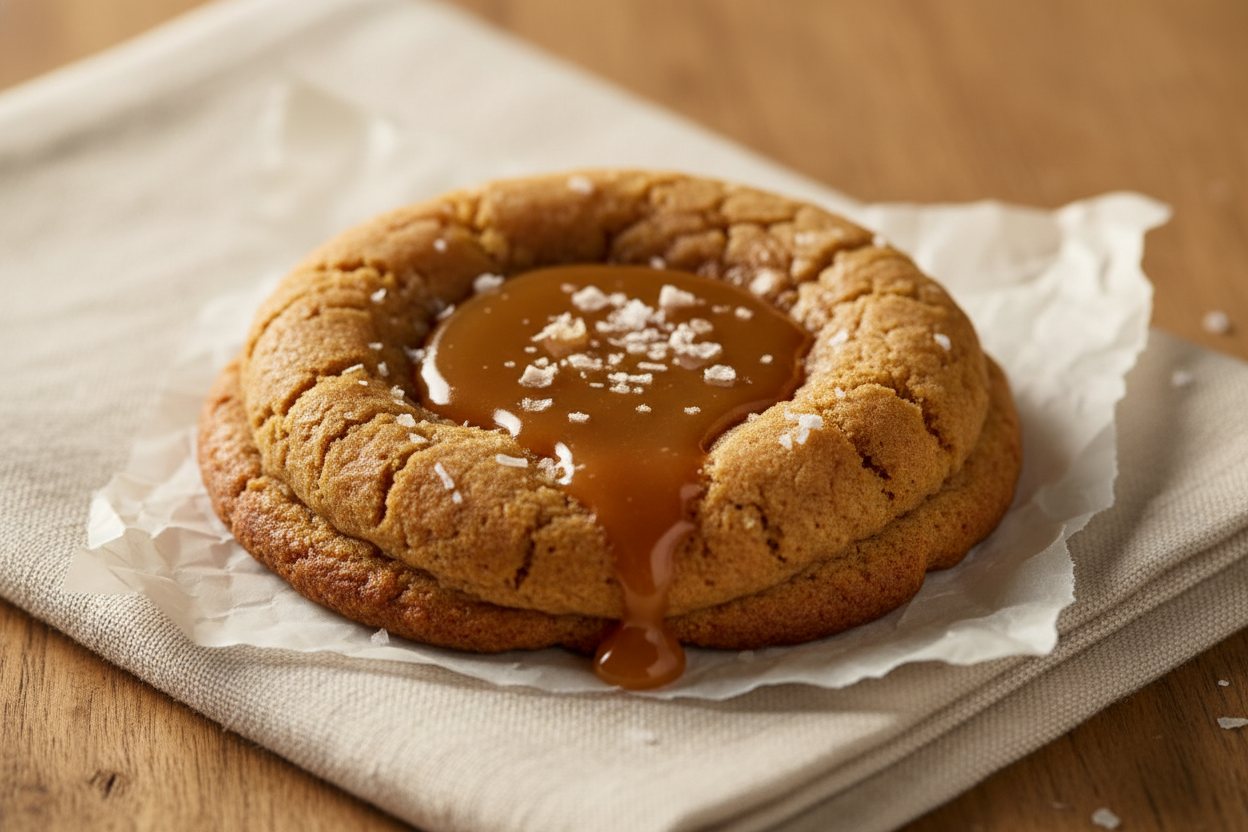 A caramel sea salt cookie with a glossy caramel pool and flaky salt on top.