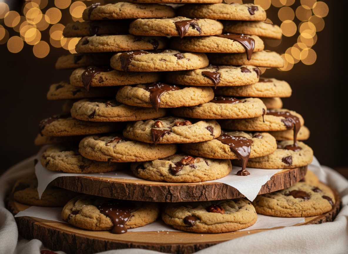 A towering display of stacked gourmet cookies arranged for a party or wedding.