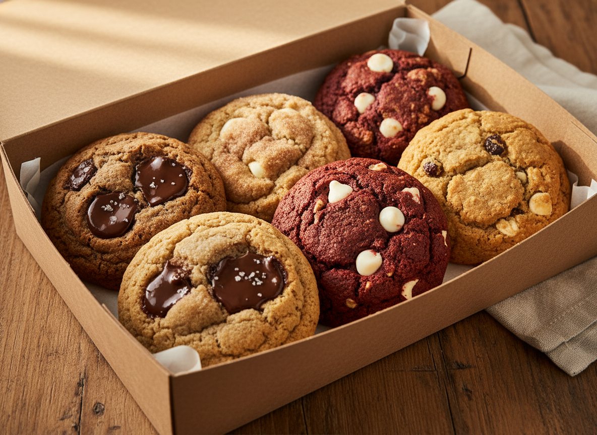 An open box of assorted oversized gourmet cookies ready for pickup or delivery.