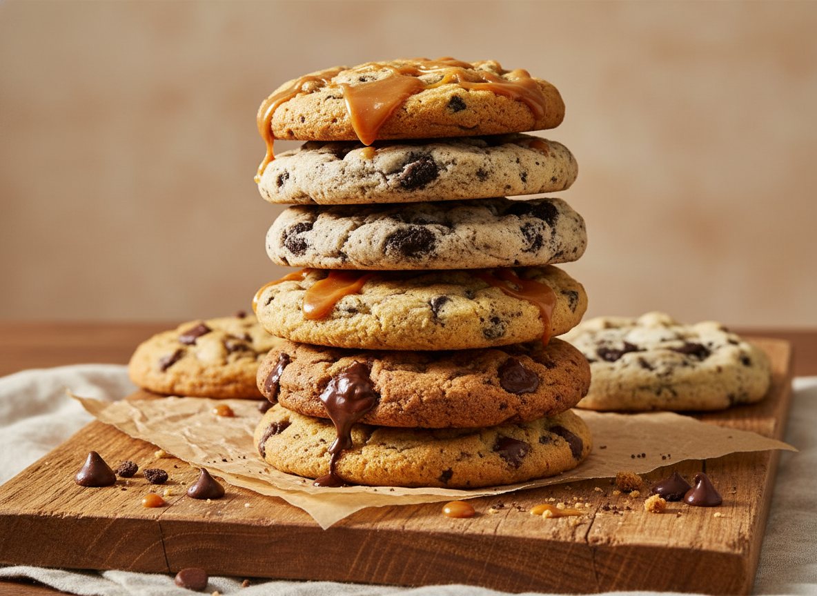 A tall stack of assorted oversized gourmet cookies on warm wood.