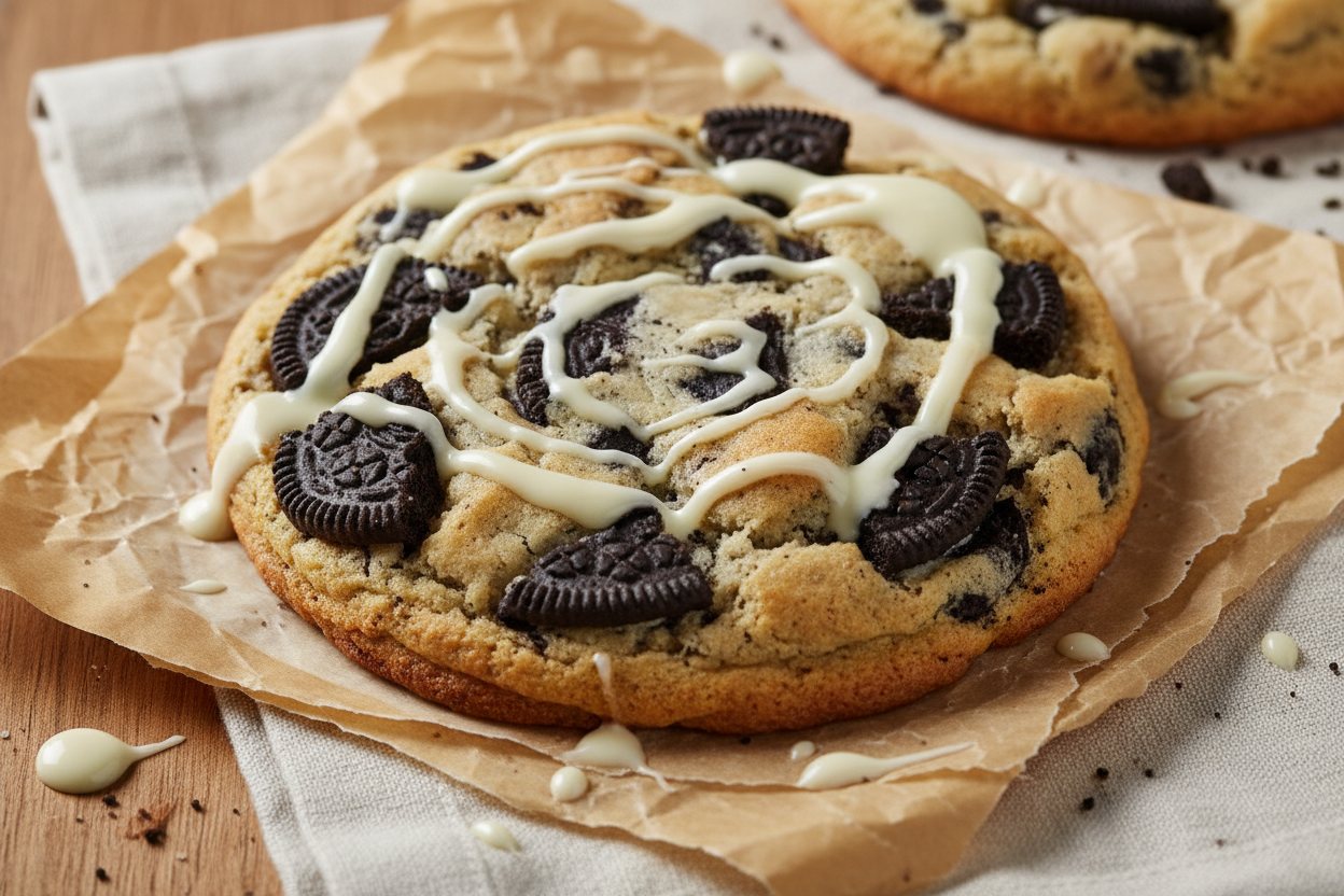 A cookies and cream cookie studded with chocolate sandwich-cookie pieces.