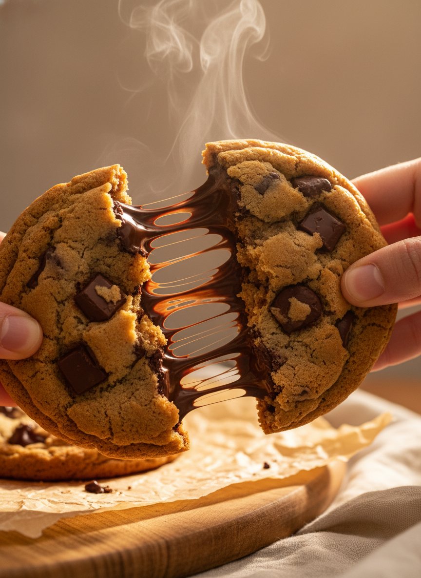 A thick gourmet chocolate chip cookie torn in half, gooey molten chocolate stretching between the pieces.